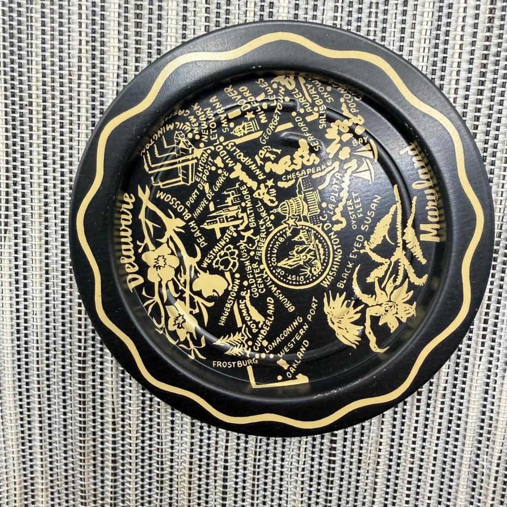 Vintage Maryland Delaware DC Souvenir Metal Coasters Set of 4 Black Gold Map Tin - Picture 3 of 5